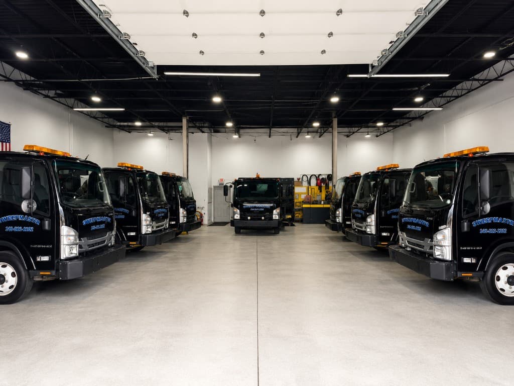 The Sweepmaster fleet lined up inside the Rochester Hills garage