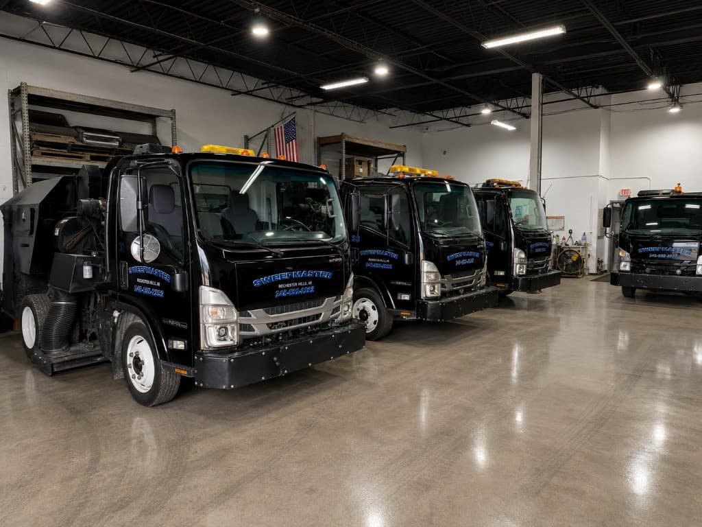 Sweepmaster sweeper trucks parked in the Rochester Hills garage